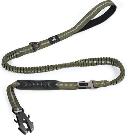Raipult Tactical Heavy Duty Dog Leash,4-6FT Strong Bungee Dog Leashes with Frog Clip & Car Seatbelt，Reflective Walking Lead with 2 Handles for Medium Large Dogs,Green