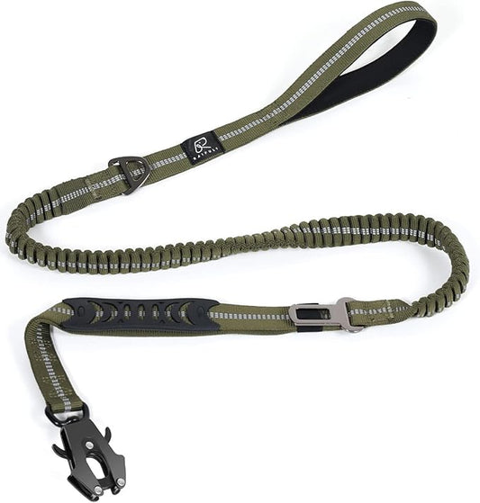 Raipult Tactical Heavy Duty Dog Leash,4-6FT Strong Bungee Dog Leashes with Frog Clip & Car Seatbelt，Reflective Walking Lead with 2 Handles for Medium Large Dogs,Green