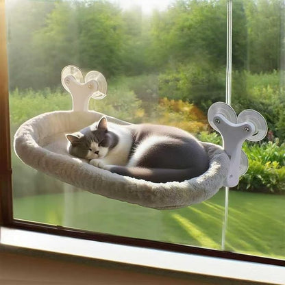 Cat Window Perch with 6 Strong Suction Cups,Mats that can be Switched Between Winter and Summer,Foldable Cordless Cat Beds Can Bear to 50LBS Weight (Grey)