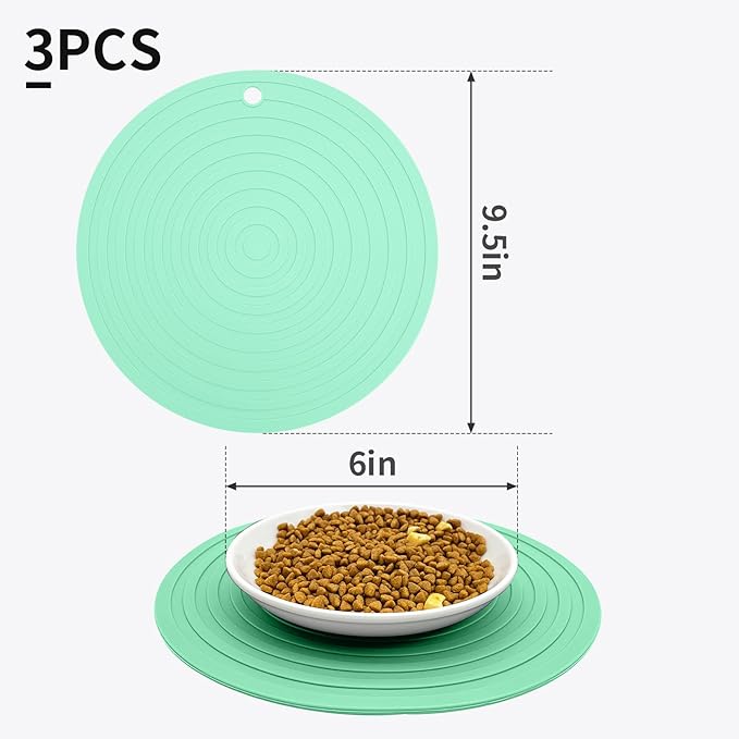 Fhiny 3PCS Silicone Pet Food Mat, 9.5" Round Waterproof Non-Slip Dog Cat Bowl Placemat Preventing Feed and Water Overflow Suitable for Medium Small Bowl Dish Plate Protect Floor (Green, 9.5" Dia)