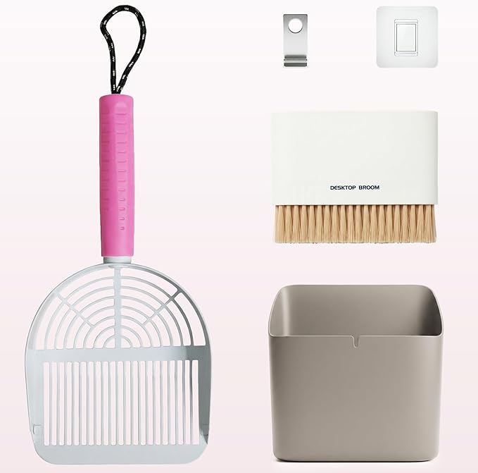 Cat Litter Scoop with Holder, 3-in-1 Litter Box Solution: Metal Scooper, Dustpan & Mini Broom, Coarse and Fine Grid, Quick Sift, Metal Kitty Litter Scooper Works with All Type of Cat Litter