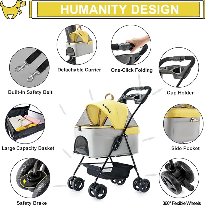 3-in-1 Pet Stroller for Small Dogs and Cats, Folding Lightweight Dog Stroller with Detachable Carrier Portable Cat Puppy Jogging Stroller with Cup Holder and Storage Basket, 4 Wheels