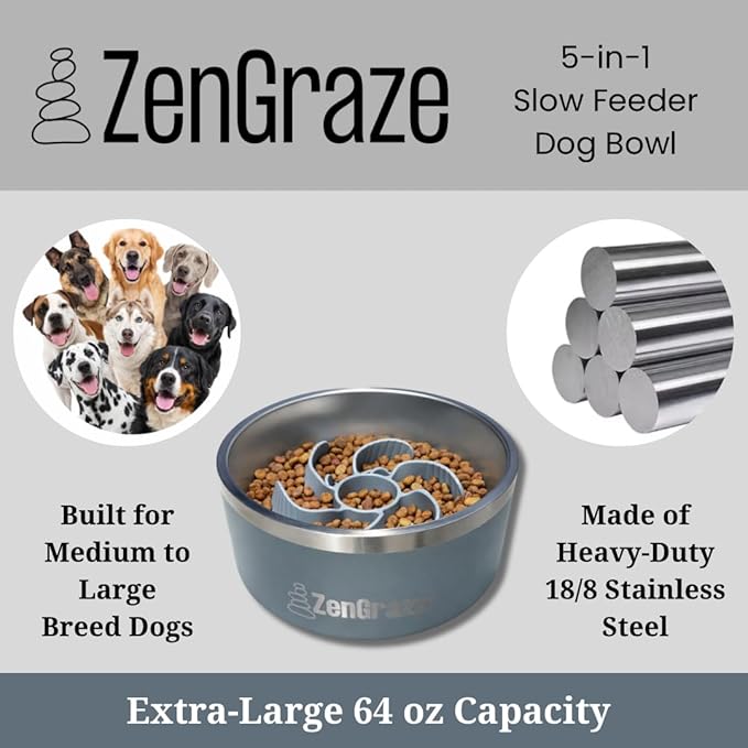 Stainless Steel Slow Feeder Dog Bowl for Large Dogs | 64 oz, Non-Slip Base with Textured Lick Mat Lid & Silicone Slow Feeder Insert – Deep Anti-Gulp Metal Puzzle Bowl for Large Breeds (Steel Gray)