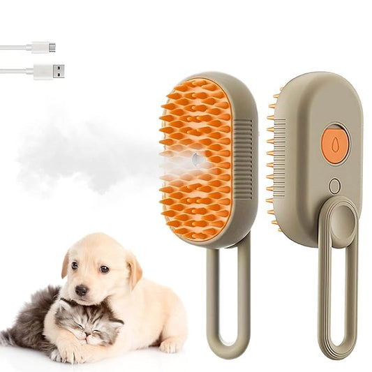 4 in 1 Cat Steam Brush for Shedding, Rechargeable Pet Grooming Brush with Steam Spray, Anti-Static Deshedding & Massage Brush for Indoor Cats and Dogs, Quiet Pet Hair Removal Tool (Brown)
