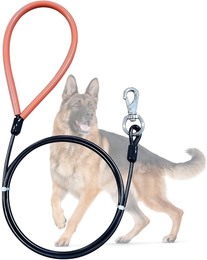 Heavy Duty Dog Leash, Chew Proof Metal Leash for Large Dogs (Up to 250lbs), WireRope Dog Leashes with Soft Silicone Grip (Black, 10 FT)