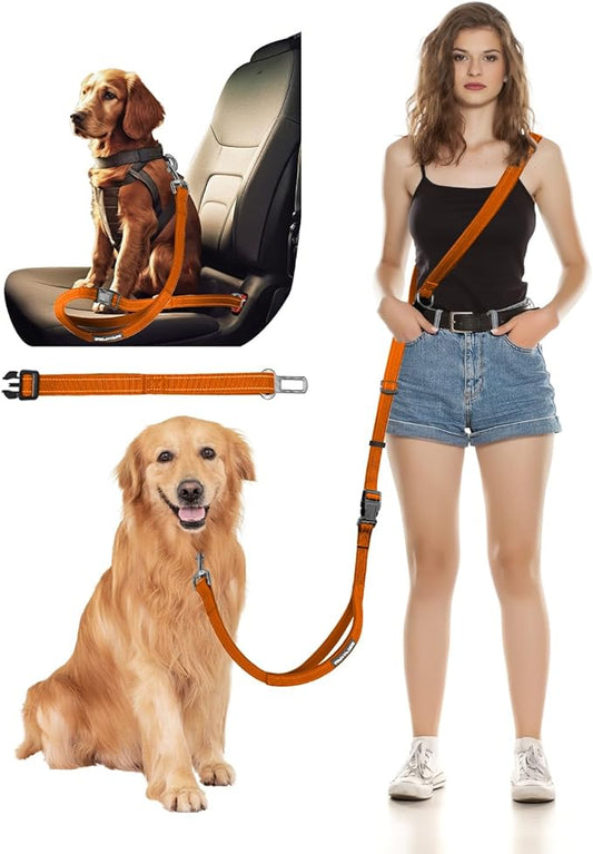 Hands Free Dog Leash, 2-in-1 Detachable Pet Seatbelt,5.9-9.2 ft Crossbody Dog Leash with Double-Sided Reflective for Walking, Hiking, Travel etc.(Orange)