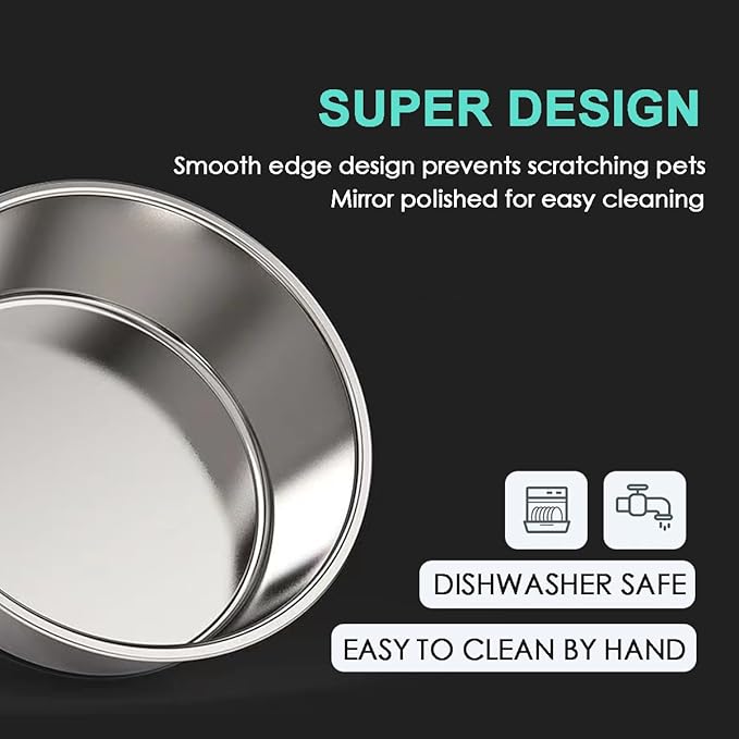 Stainless Steel Pet Bowls, 2 Pack, Non-Slip Rubber Bottom, Dishwasher Safe, 8 Cups, for Dogs and Cats