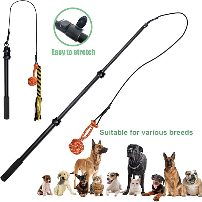 Upgraded Interactive Dog Toys - Extendable Flirt Pole Teaser Wand with Braided Rope Chewing Tugs and Squeaky Plush Chase Toy for Dog Puppy Outdoor Entertainment, Train and Exercise