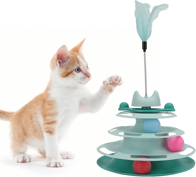 Cat Turntable Ball Toy, 4 Level Interactive Kitten Track Roller Exercise Toy with Feather Stick, Cats Toys Tower Cat Puzzle Toy Suitable for Interactive Kittens Chase Exercise
