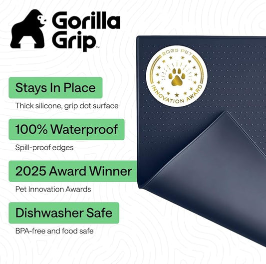 GORILLA GRIP 100% Waterproof Raised Edge BPA Free Silicone Pet Feeding Mat, Dog Cat Food Mats Contain Spills Protects Floors, Placemats for Cats and Dogs Water Bowl, Pets Accessories 32x24 Navy