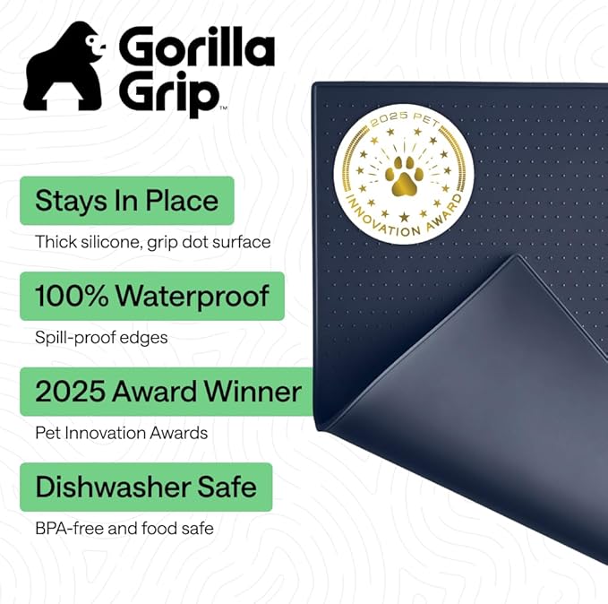 GORILLA GRIP 100% Waterproof Raised Edge BPA Free Silicone Pet Feeding Mat, Dog Cat Food Mats Contain Spills Protects Floors, Placemats for Cats and Dogs Water Bowl, Pets Accessories 23x15 Navy