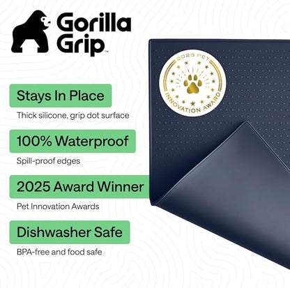 GORILLA GRIP 100% Waterproof Raised Edge BPA Free Silicone Pet Feeding Mat, Dog Cat Food Mats Contain Spills Protects Floors, Placemats for Cats and Dogs Water Bowl, Pets Accessories 23x15 Navy
