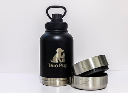 DuoPup 32oz Insulated Stainless Steel Pet Water & Food Bottle – Portable Leak-Resistant Dispenser with Two Detachable Bowls & Carrying Strap – Travel, Hiking & Outdoor Pet Hydration – White