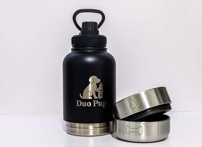 DuoPup 32oz Insulated Stainless Steel Pet Water & Food Bottle – Portable Leak-Resistant Dispenser with Two Detachable Bowls & Carrying Strap – Travel, Hiking & Outdoor Pet Hydration – Black