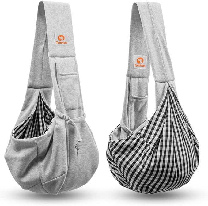 Tomkas Small Dog Cat Sling Carrier Puppy Purse Travel Wrap Soft Crossbody Pet Bag (Gray, M - Classic Pocket & Classic Strap)