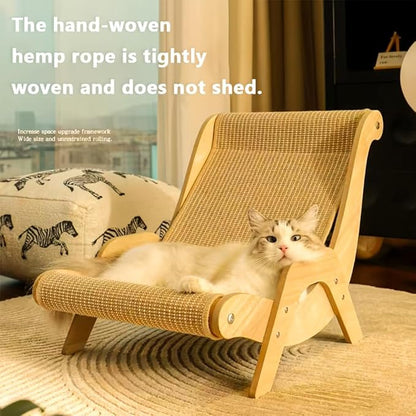Natural Wood Cat Hammock with Scratching Board – Durable Sisal Lounger for Indoor Cats, Ergonomic Cat Furniture for Rest, Play & Scratching | Sturdy & Stylish Design (Small)