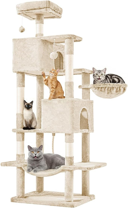 DUMOS Large 66 Inch Cat Tree Tower, Tall Multi Level Cat Climbing Tower with Natural Sisal Scratching Posts, Hammock, Pet Condo for Indoor Cats and Kittens Play, Beige