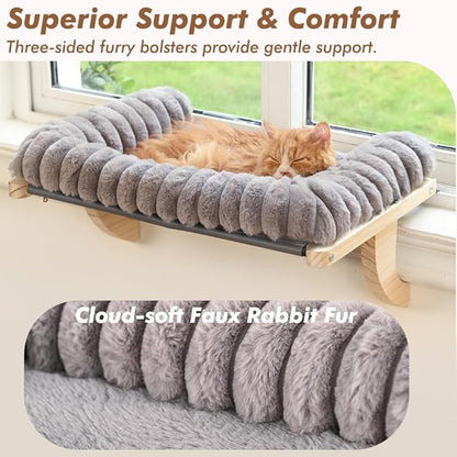 Cloud-Soft Cat Window Sill Perch with Zipper Designed Cushioned Bed, Supportive Cat Window Seat with Premium Solid Wood & Sturdy Metal Frame, Pet Hammock Bed for Large Cats (Large, Gray)