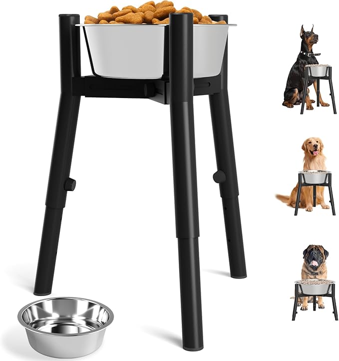 SHAINFUN Raised Dog Bowl Stand with Dog Bowls for Medium & Large & Extra Large Dogs, (61 OZ) Metal Tall Dog Food Stand, Adjustable Wide 7-10.7" Heights 9.8-13.4"(with Dog Bowl)