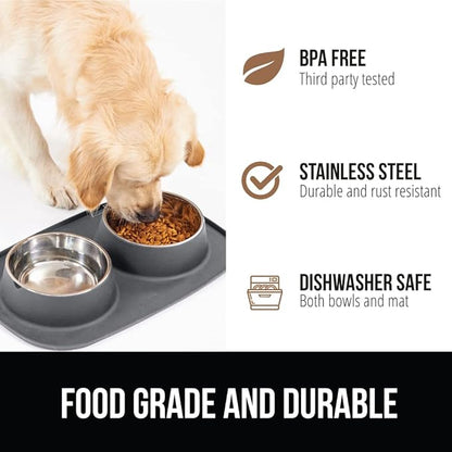 GORILLA GRIP Feeding Mat Bowl Set, 4 Cup 100% Waterproof BPA Free Silicone Base, 304 Stainless Steel Cat and Dog Bowls for Food and Water, Slip Resistant, High Edge, US Designed, Patent Pending, Gray