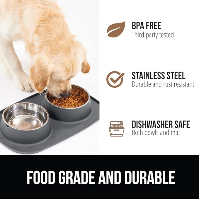 GORILLA GRIP Feeding Mat Bowl Set, 3 Cup 100% Waterproof BPA Free Silicone Base, 304 Stainless Steel Cat and Dog Bowls for Food and Water, Slip Resistant, High Edge, US Designed, Patent Pending, Gray