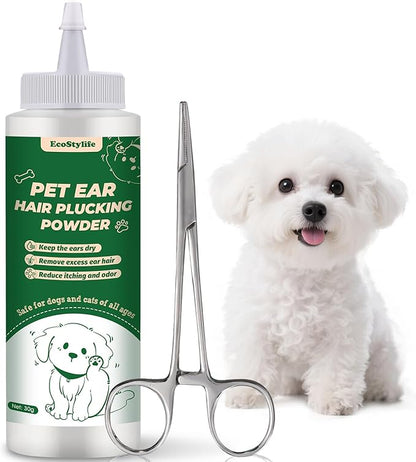 Dog Ear Plucking Powder & Hair Removal Tool Kit – 30g Dog Ear Powder for Hair Removal, 5.5" Hemostat Ear Hair Removal Tool – Helps Reduce Wax & Odor – Ear Grooming Kit for Dogs
