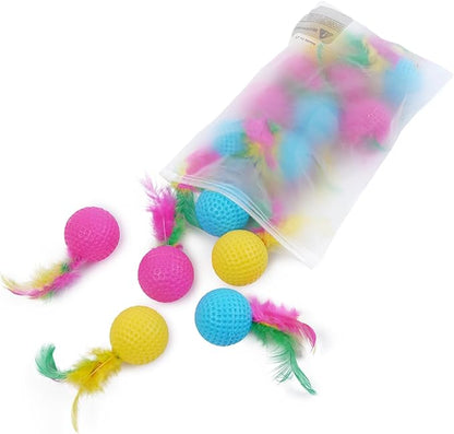 IDOMIK 15 Pack Cat Toys: Colorful Golf Sponge Balls, Feather and Pom Pom Interactive Kitten Balls for Exercise, Bright Colored Chase Pounce Toys, Safe Non-Toxic Entertainment