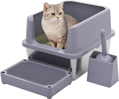 RIZZARI Cat Litter Box: Pink Stainless Steel Won’t Trap Odors - Easy Rinse Clean Non-Porous - Open Top Design - 11.6" High Sides - 17.3"x13.5" - with Scoop - Studio Apartment/Bathroom