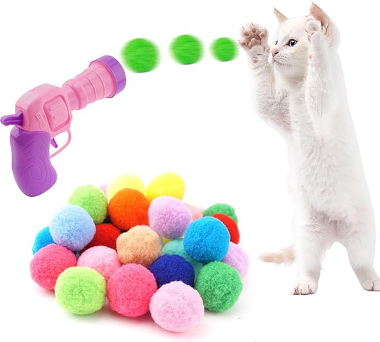 Dorhui 31Pcs Cat Ball Toy Launcher Gun, 30Pcs Plush Fuzzy Balls Launcher Cat Toy for Cats with 1 Gun, Cat Fetch Toy Gun Shooter, Kitten Toys for Indoor, Plush Ball Shoot Gun for Kitty