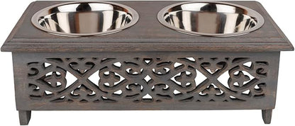 GoCraft Raised Dog Bowls for Small Dogs | Elegant Farmhouse Grey Washed Elevated Wooden Stand Feeder with 2 Stainless Steel Bowls for Your Pet Food & Water