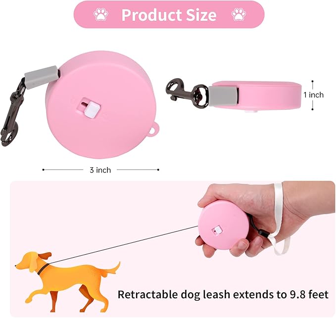 Retractable Dog Leash for Small and Medium Dogs up to 22lbs with 9.8ft Strong Nylon Tape, Hands Free, Portable and Lightweight Leash with Wrist Strap, One-Hand Brake, Tangle Free (Pink)