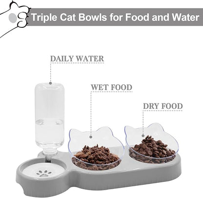 Triple Cat Bowls with Water Dispenser, Pet Whisker Friendly Water and Food Bowl Set with Non-Slip Mat, 15° Tilted Double Feeding Bowls, Elevated Wet and Dry Food Dish for Kitten&Small Dog (Grey)