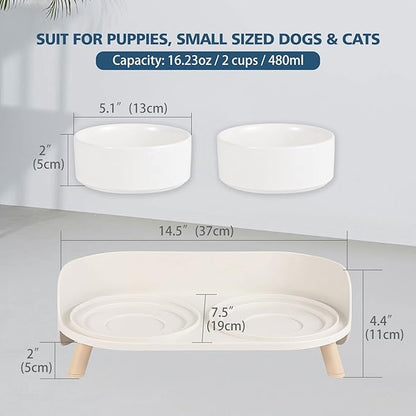 Raised Cat Food and Water Bowl Set - Elevated Ceramic Dishes With Non-Slip Stand and Splash Guard for Small Dogs - 2 x 480 ML (16.2 OZ)