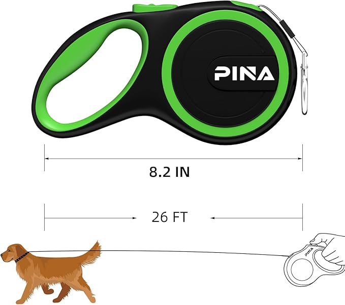 PINA Retractable Dog Leash, 26ft Dog Leash for Small Medium Large Dogs Up to 110lbs, 360° Tangle-Free Strong Reflective Nylon Tape, with Anti-Slip Handle, One-Handed Brake, Lock - Black Green