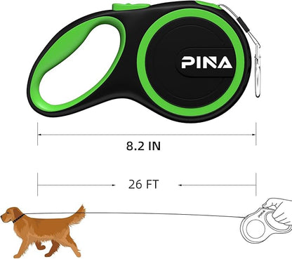 PINA Retractable Dog Leash, 26ft Dog Leash for Small Medium Large Dogs Up to 110lbs, 360° Tangle-Free Strong Reflective Nylon Tape, with Anti-Slip Handle, One-Handed Brake, Lock - Black Green
