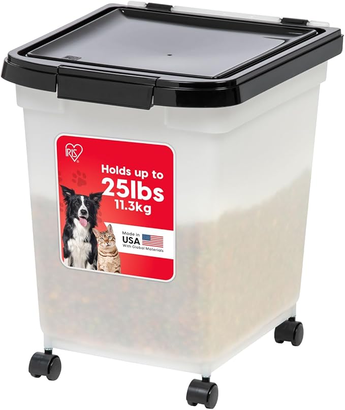 IRIS USA 25 Lbs / 32.5 Qt WeatherPro Airtight Pet Food Storage Container with Removable Casters, for Dog Cat Bird and Other Pet Food Storage Bin, Keep Fresh, Translucent Body, Pearl/Black