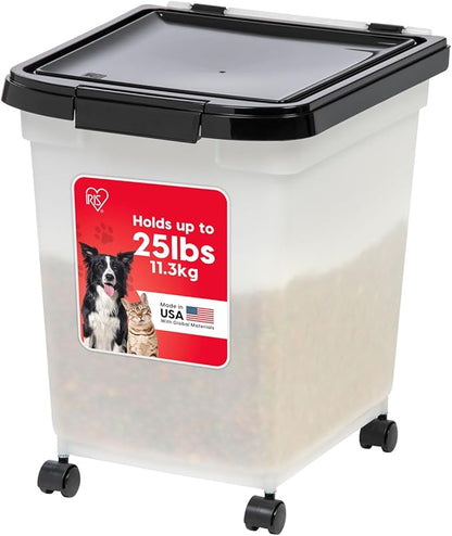 IRIS USA 25 Lbs / 32.5 Qt WeatherPro Airtight Pet Food Storage Container with Removable Casters, for Dog Cat Bird and Other Pet Food Storage Bin, Keep Fresh, Translucent Body, Pearl/Black