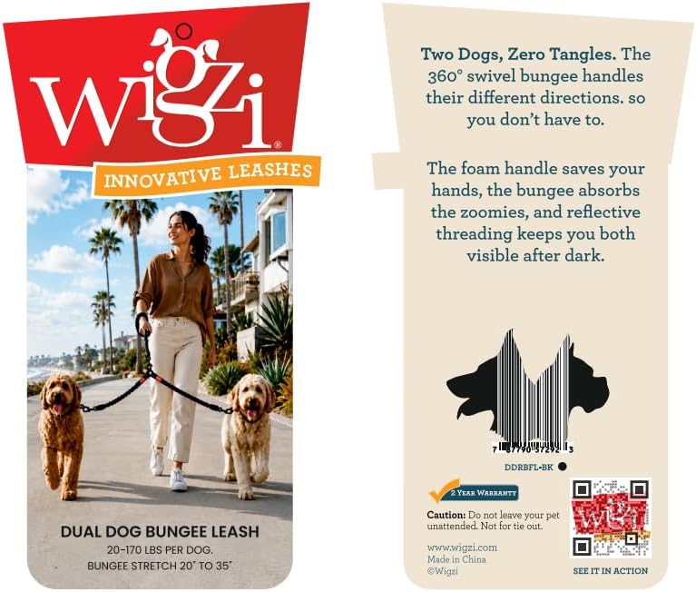 Double Dog Leash, 360° Swivel, No Tangle, Two Dogs, Split Leash, Reflective and Shock-Absorbing Bungee, Padded Handle, Heavy-Duty Rope, Dogs Between 20-175 lbs - Image 2