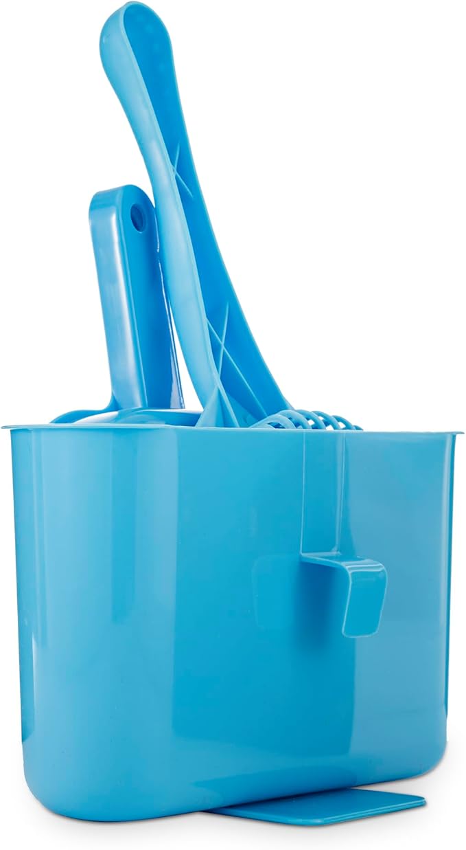 Fresh Step 4-in-1 Deluxe Litter Cleanup Kit - Cat Scoop, Broom, Dust Pan, and Hanging Caddy, Compatible with Standard Plastic Litter Pans and Disposable Litter Boxes, Blue