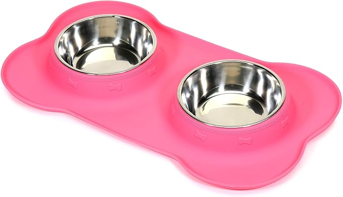 AsFrost Dog Food Bowls Stainless Steel Pet Bowls & Dog Water Bowls with No-Spill and Non-Skid, Feeder Bowls with Dog Bowl Mat for Dogs Cats and Pets-Pink, 24 0z in Total