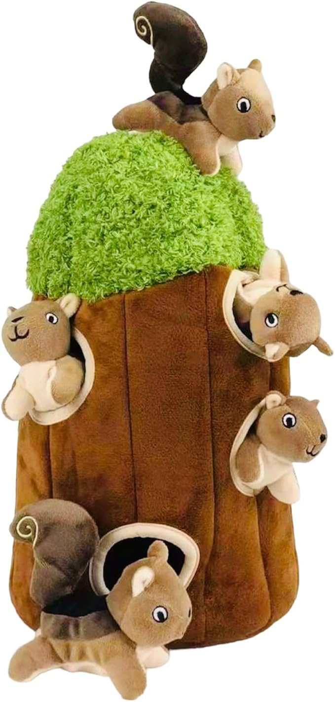 Glow Pups Hide and Seek Dog Toy Squirrel in Tree Trunk, Plush Interactive Burrow Dog Toy with Squeaker, Promotes Mental Stimulation, Easy to Clean, Woodland Style, Large (Brown)