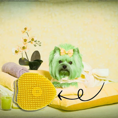 Dog & Cat Bath Brush with Built-In Shampoo Dispenser - 2-in-1 Silicone Pet Grooming Massage Brush for Anxiety Relief & Deep Cleaning - Luxury Spa Treatment (Yellow)