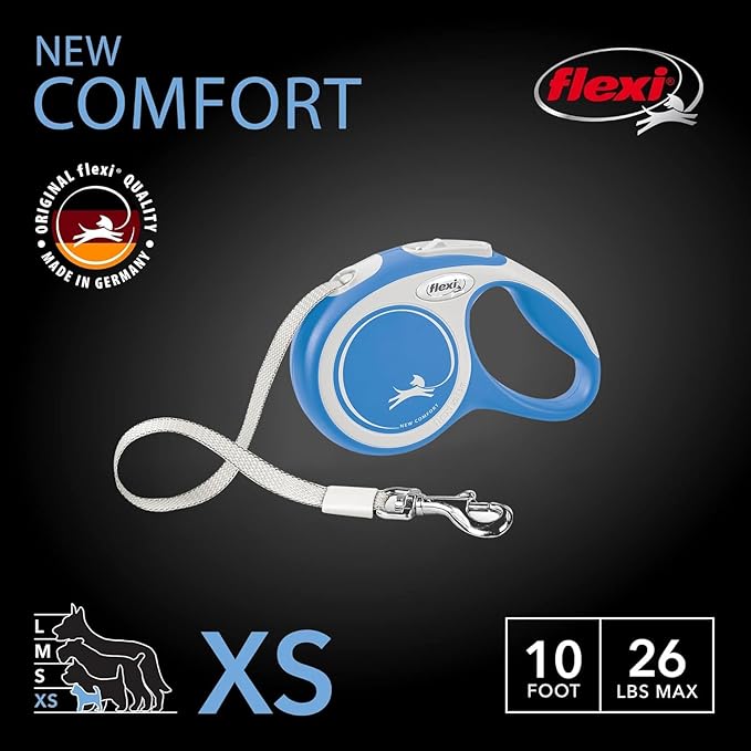 FLEXI® Comfort XS Tape Retractable Dog Leash (Blue)-10 ft for Extra Small, Tiny Dogs up to 26 lbs| Ultra Compact Pocket-Size, 3-Finger Grip, German Quality| Tangle-Free, One-Hand Brake, Pause & Lock