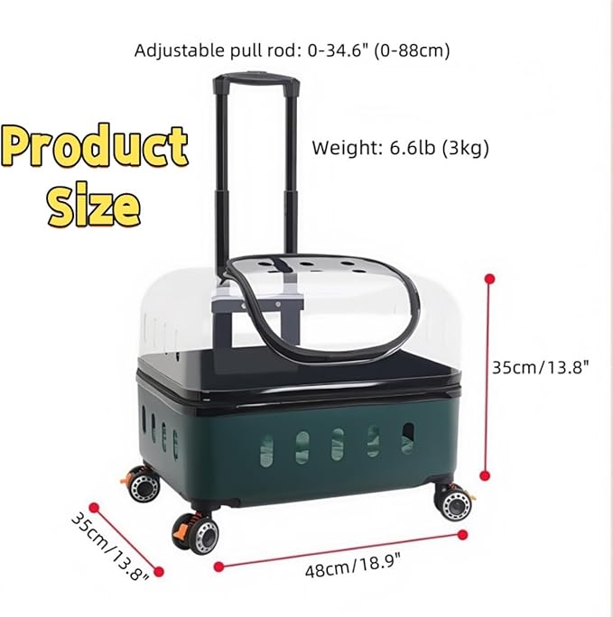 Pet Carrier with Wheels, Travel Pet Case with Transparent Window, Dog & Cat Carrier for Pets Weighing Up to 22 Pounds (Black)
