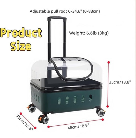 Pet Carrier with Wheels, Travel Pet Case with Transparent Window, Dog & Cat Carrier for Pets Weighing Up to 22 Pounds (Dark Green)