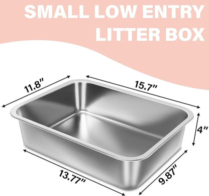 Stainless Steel Litter Box for Kitten 2 Pack,15.7"×11.8"×4" Small Litter Box for Kittens Easy Entry, Non Odor, Easy to Clean, Metal Litterbox for Cat, Rabbit, Ferrets, Guinea Pigs