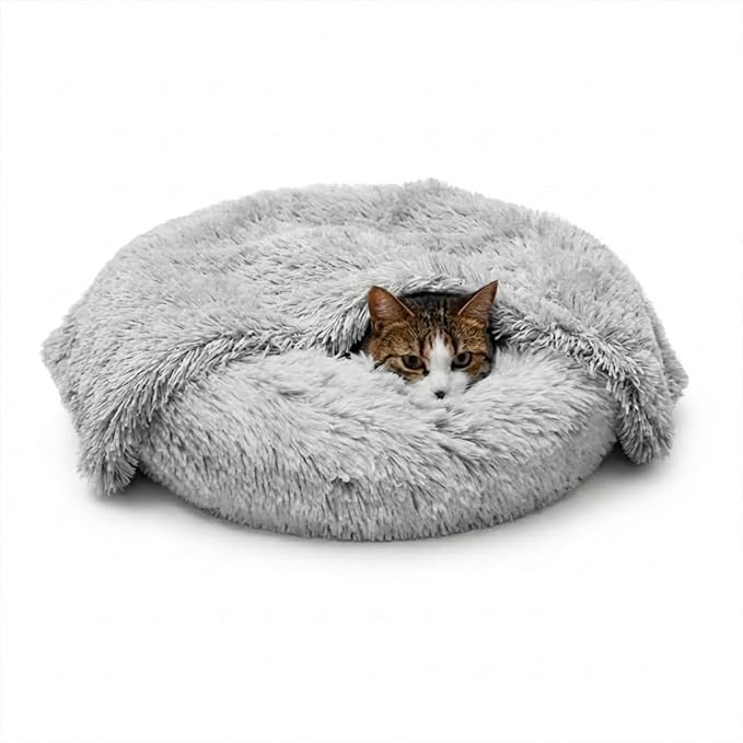 Whiskers & Friends Cat Bed, Cat Beds for Indoor Cats Washable, Orthopedic Soft Fluffy Round Calming Pet Bed for Small to Large Kitty Kittens & Small Dogs - Light Grey-C - 23.00" x 23.00" x 7.00"