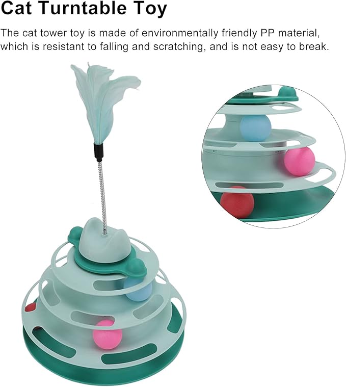 Cat Turntable Ball Toy, 4 Level Interactive Kitten Track Roller Exercise Toy with Feather Stick, Cats Toys Tower Cat Puzzle Toy Suitable for Interactive Kittens Chase Exercise
