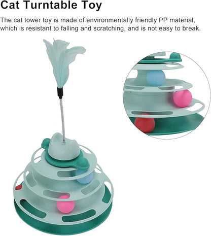 Cat Turntable Ball Toy, 4 Level Interactive Kitten Track Roller Exercise Toy with Feather Stick, Cats Toys Tower Cat Puzzle Toy Suitable for Interactive Kittens Chase Exercise