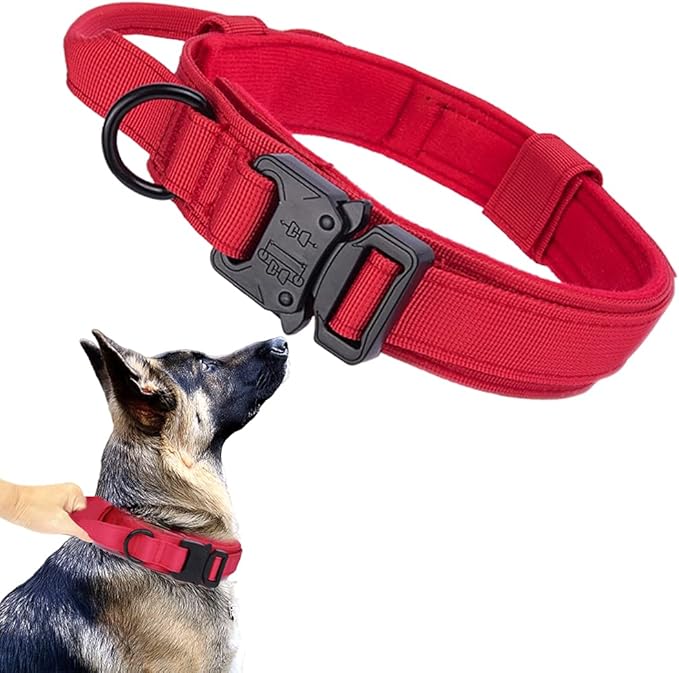 Xqpetlihai Tactical Dog Collar Adjustable Military Nylon Dog Collar with Control Handle and Heavy Duty Metal Buckle for Medium and Large Dogs (Red,XXL)